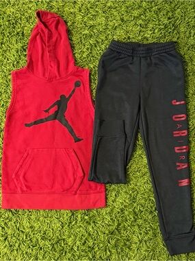 Jordan Red Sleeveless Hoodie & Black Joggers Set